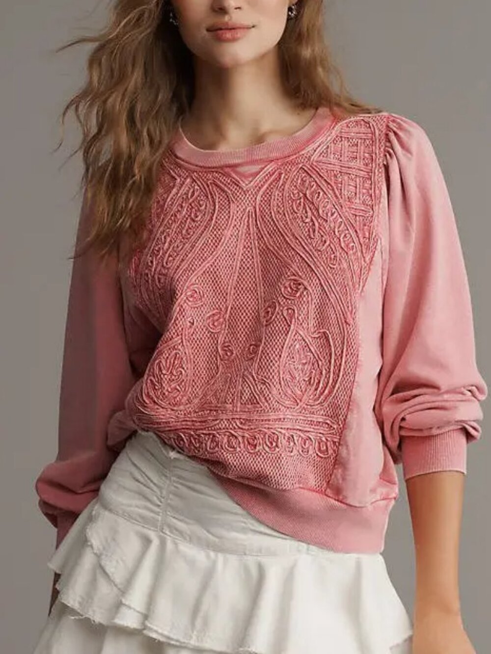 Pilcro Anthropologie embellished sweatshirt pink faded mesh lace puff sleeve L - Picture 1 of 4